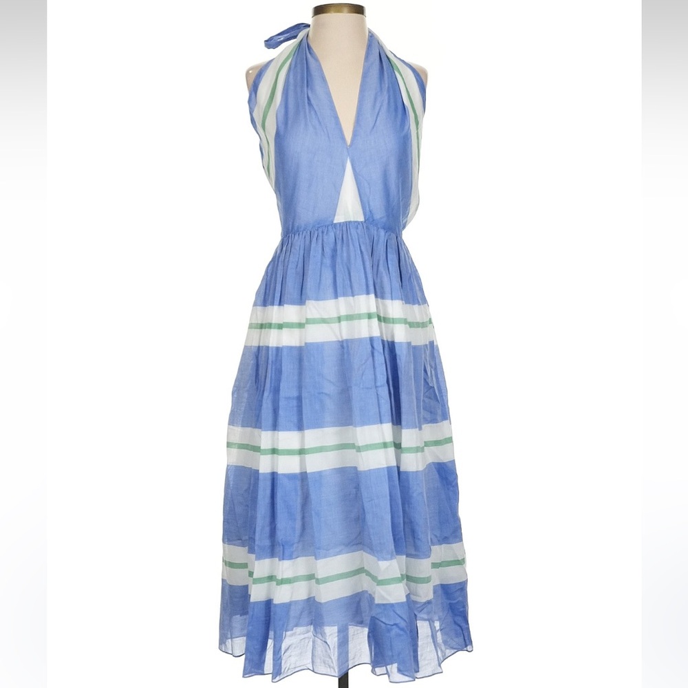 Ann Mashburn Blue Green White Stripe Cotton Halter Dress Small S 4 6 USA Made